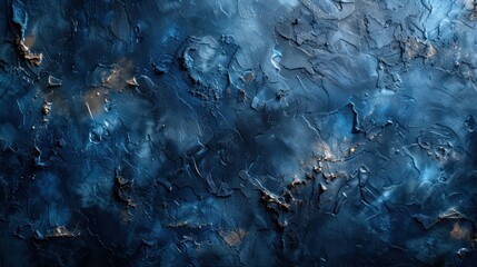a close up of a painting with blue and gold paint and a black background with white and gold paint on it.