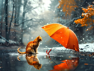 Chat curieux sous la pluie devant un parapluie orange