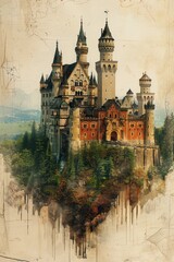 Medieval castles showcase historical figures, architectural blueprints, and cultural landmarks in hand-drawn detail. - obrazy, fototapety, plakaty