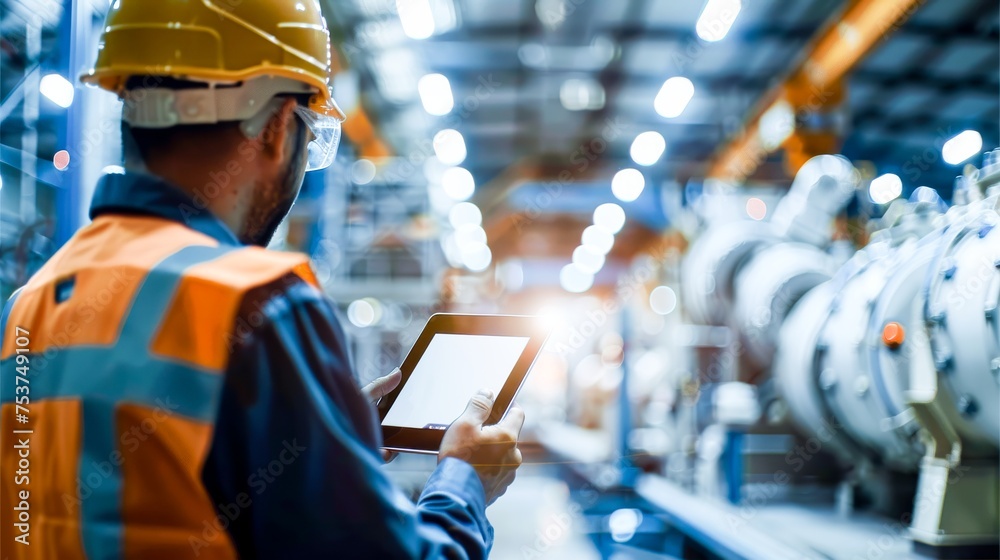 Fototapete concept for smart industry control. the hand is holding a tablet in front of a blurred automation ma