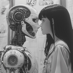Rencontre entre un robot et une femme dans un style manga - Art futuriste