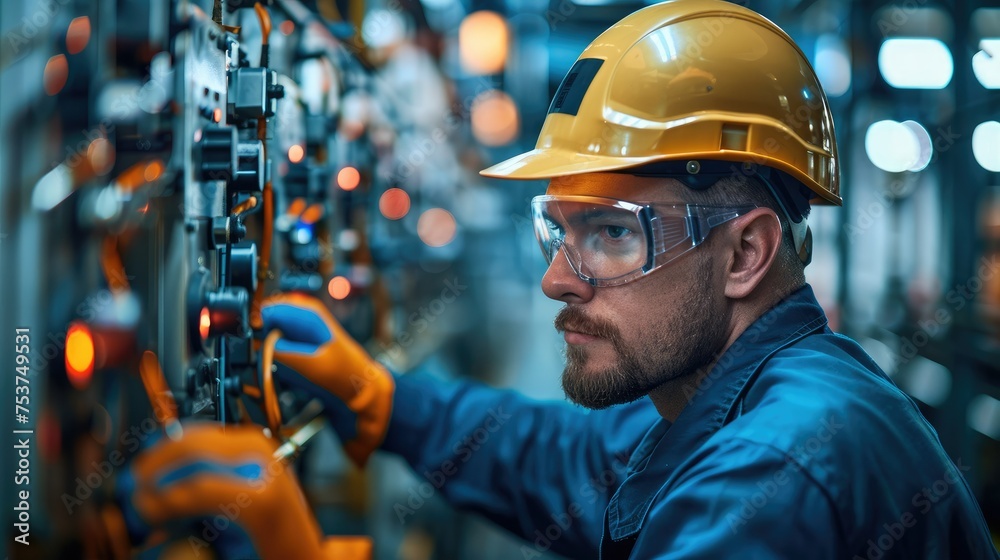 Aufkleber a facility manager conducting a routine inspection on a transformer, using tools and safety gear. ge
