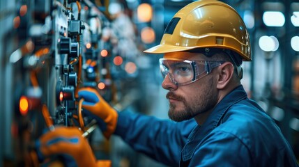 A facility manager conducting a routine inspection on a transformer, using tools and safety gear. Generative AI.