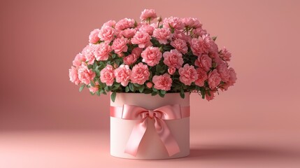 a bouquet of pink carnations in a white vase with a pink ribbon on a pink background with a pink background.