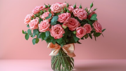 a bouquet of pink roses in a glass vase with a bow on a pink background with a light pink backdrop.
