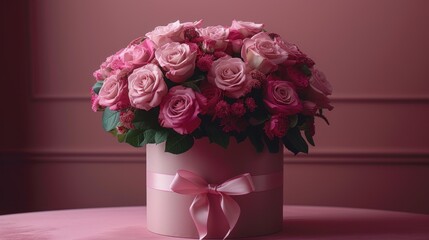 a bouquet of pink roses in a pink box with a pink bow on a pink table with a pink wall in the background.