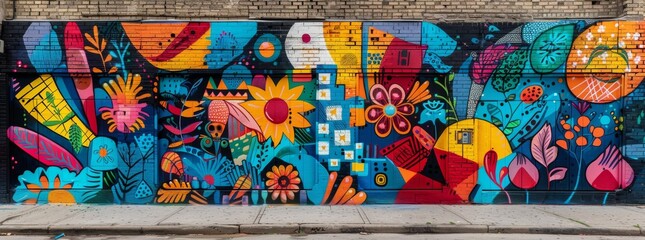Dynamic street art mural on an urban wall featuring a colorful collage of flora and geometric shapes in a vivid, eclectic design.