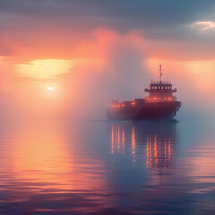 A large red ship is in the water with fog surrounding it