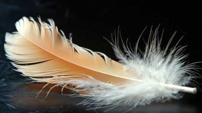 a close up of a white feather on a black background with a reflection of the feather on the surface of the image.