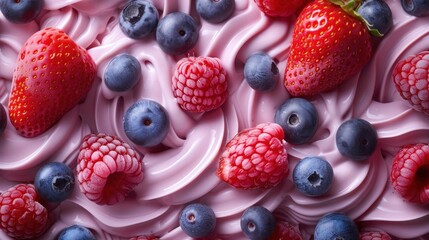 strawberries, blueberries, raspberries, and strawberries on top of a pink frosted cake.