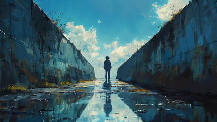 A person is standing in a tunnel with a blue sky above - obrazy, fototapety, plakaty