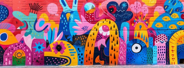 A vibrant and colorful street art mural featuring an array of whimsical and abstract patterns with floral and geometric elements on a red background.