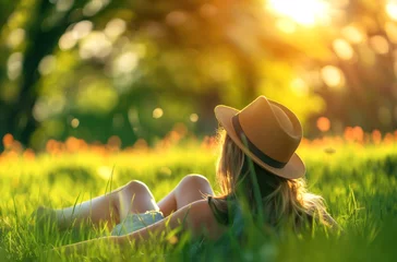 Tuinposter Relaxing in nature. Woman resting on the grass at sunset. © Marraco