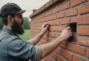bricklaying. Worker checks erected brick wall with level - obrazy, fototapety, plakaty
