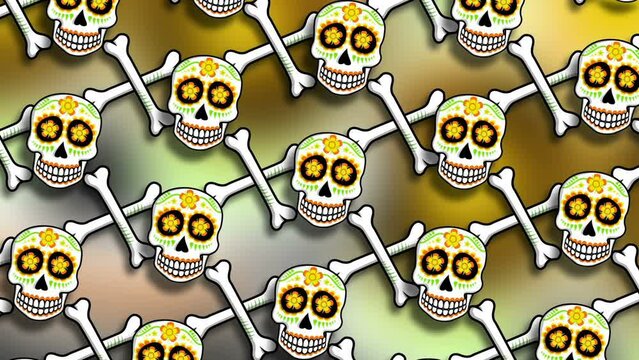 Seamless cartoon background with Mexican sugar skulls. Halloween vector style animation with catrina illustration 