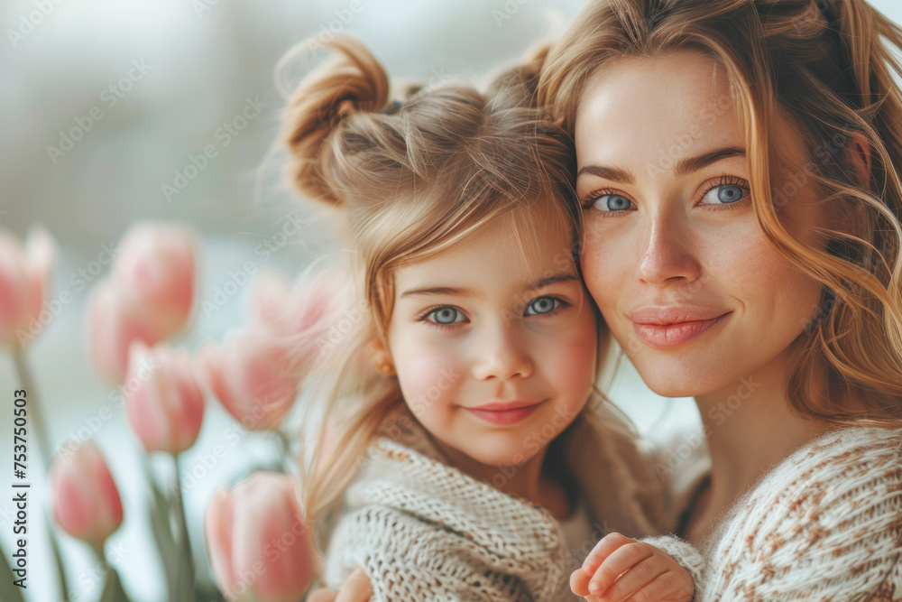 Wall mural A woman and a little girl are hugging each other in front of a bouquet of pink flowers