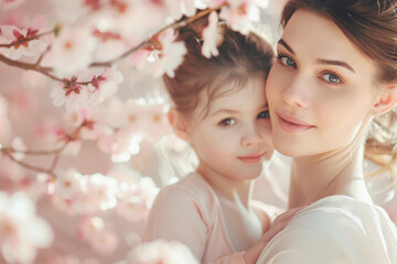 Fototapeta premium A woman and a little girl are hugging under a tree with pink flowers. The woman has a smile on her face and the girl is looking up at her. Concept of warmth and love between the two