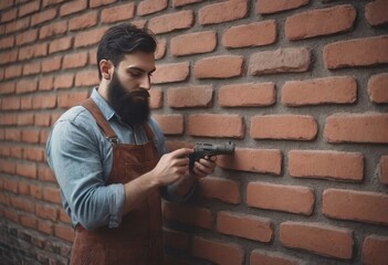 bricklaying. Worker checks erected brick wall with level