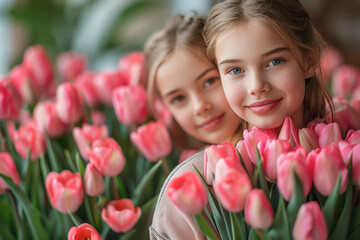 Two young girls are surrounded by pink flowers, with one of them holding a bouquet. Concept of innocence and joy, as the girls are enjoying the beauty of the flowers and each other's company