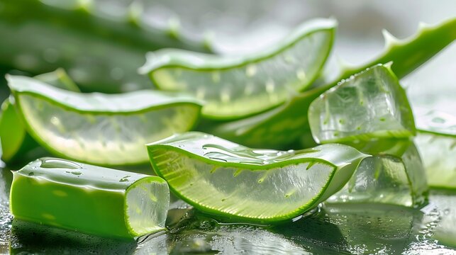 a visually striking image of aloe vera leaves sliced open to reveal the gel inside