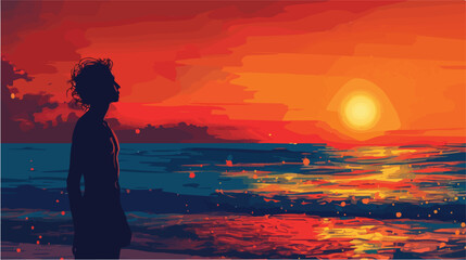 A lone figure stands on a peaceful beach, gazing at the vibrant colors of the setting sun on the horizon - obrazy, fototapety, plakaty