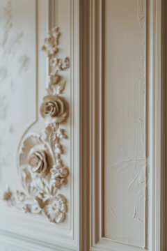 Classic Bas-Relief Sculpture Detail. Detailed close-up of a plaster bas-relief, showcasing a serene floral motifs.