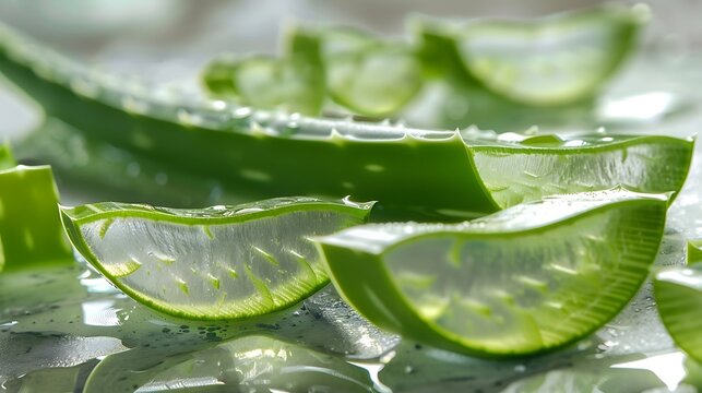 a visually striking image of aloe vera leaves sliced open to reveal the gel inside