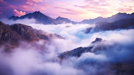 The mountains in fog at night, autumn landscape with alpine mountain valley, low clouds, purple starry sky. Best travel locations. Beautiful scenic - obrazy, fototapety, plakaty