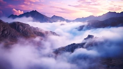 Foto op Canvas The mountains in fog at night, autumn landscape with alpine mountain valley, low clouds, purple starry sky. Best travel locations. Beautiful scenic © Anthichada