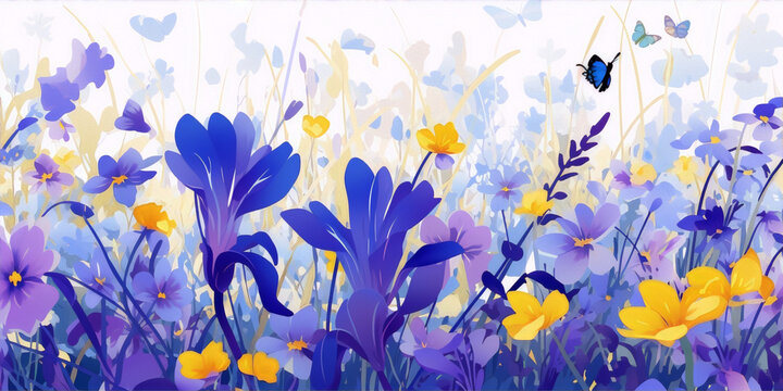 Blue and yellow flowers and butterflies in a field, digital art, vector, illustration,Minimalist vector art