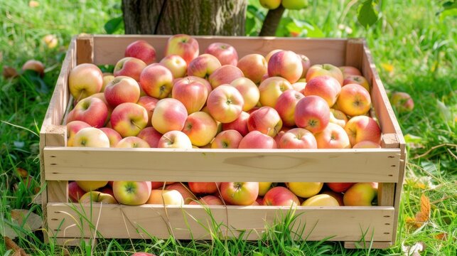 a wooden crate filled with lots of red and yellow apples next to a tree in a field of green grass.