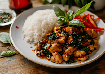 Pad Kra Pao, Basil Chicken with rice, close-up ultra realistic food photography - obrazy, fototapety, plakaty