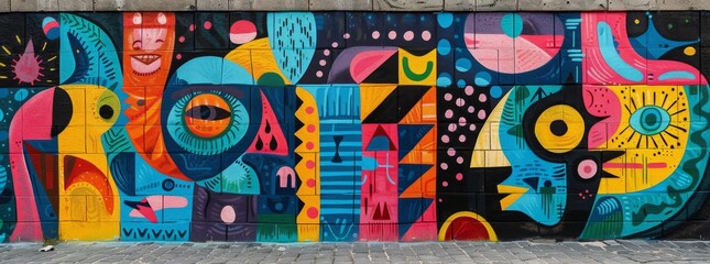 Colorful street art mural with abstract faces on city wall, showcasing eclectic urban creativity.