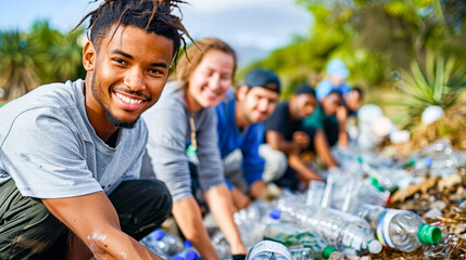 A group of mixed race men and women helping clean their community by picking up plastic bottles. Generative AI. - obrazy, fototapety, plakaty