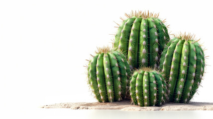 A group of cacti are standing in a sandy area