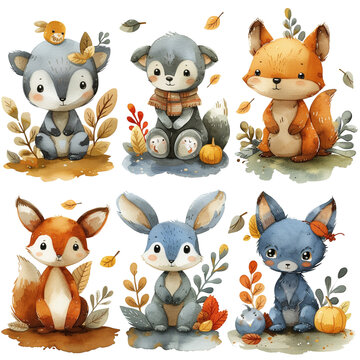 Cute whimsical animals Watercolor painting isolated