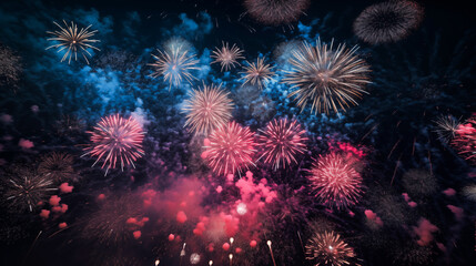 Wonderful vivid fireworks exploding on background of black night sky - obrazy, fototapety, plakaty