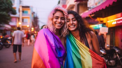 Portrait young adult queer lover transgender, Two people fun happy waving hold colorful flag. Proud of LGBT LGBTQIA culture color bisexual family festival hug love smile at city street town - obrazy, fototapety, plakaty