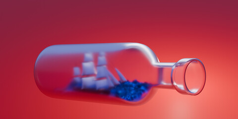 Ship in a bottle on red background. 3d render.