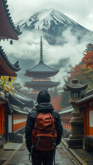 a man tourist in backpack standing After successfully conquering the peak , on top of a Japanese temple with Mount Fuji ,generative ai