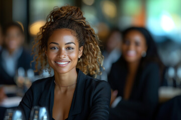 Young African American woman leading the discussion of a small group of executives in a business meeting at a financial institution or business event. - obrazy, fototapety, plakaty