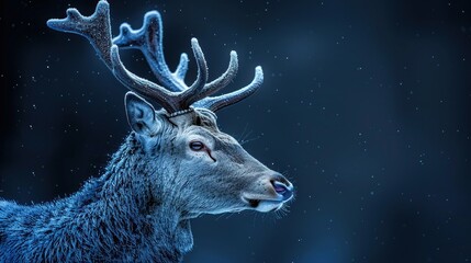 a close up of a deer with antlers on it's head and a blue background with snow flakes.
