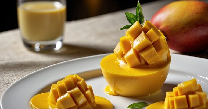 Compose an image of a beautifully presented mango delight being served during a celebration. Pay attention to the ultra-realistic details of the dessert, including the arrangement of man-AI Generative