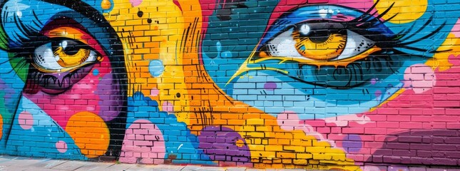 Eye-catching urban wall mural featuring detailed, vibrant eyes in a collage of dynamic colors and patterns.