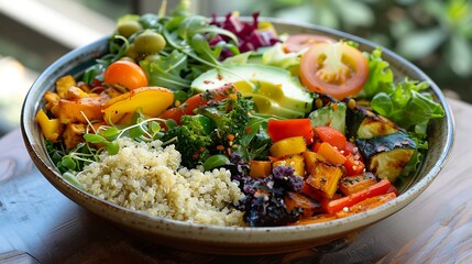A vibrant salad bowl filled with mixed greens, roasted vegetables, and quinoa