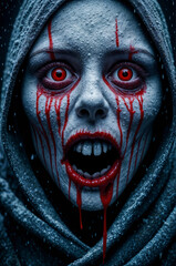 Close-up of a scary woman with blood dripping in a frosty winter night.