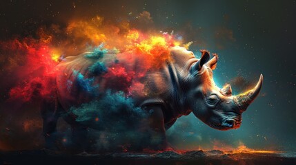 Obraz premium a rhinoceros standing in the middle of a field with colorful smoke and fire coming out of its back.