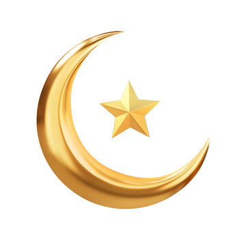 3d rendering golden crescent moon with star isolated on transparent background, PNG file 