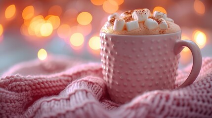 a cup of hot chocolate and marshmallows on a pink blanket with a boke of lights in the background.