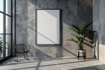 An empty room featuring a single chair and a mockup poster frame on the wall